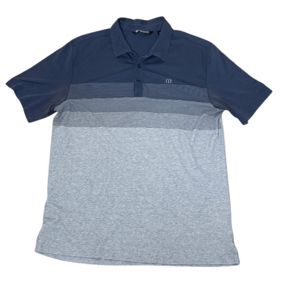TravisMathew Men's XL Polo Shirt Blue Gray Stripe Pima Cotton Blend Short Sleeve